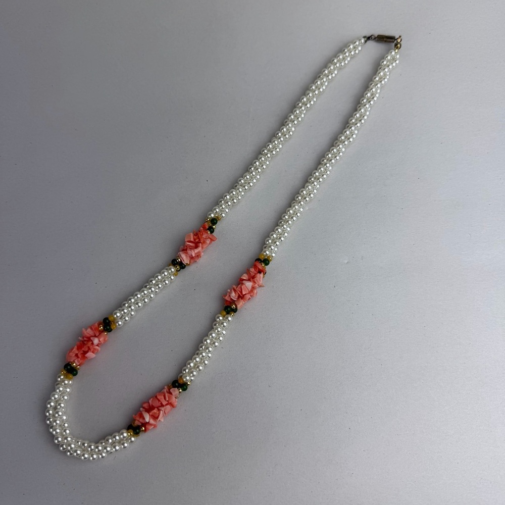 Vintage Pearl Coral Jade 3 Strand Twisted Hawaiian Lei Necklace